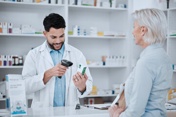 Happy man, pharmacist and scanning box for customer in consultation, medication or pills at...