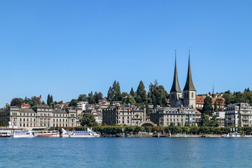 Lucerne, Switzerland - August 10, 2023: View of downtown Lucerne in Switzerland on a sunny summer day