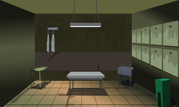 Autopsy room illustration. Interior illustration of a morgue room profile 