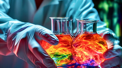 medical testing tubes or vials of medical pharmaceutical research with fluid biotechnology. Scientist hands Holding flasks with fluids tinted with florescence in the laboratory. Generative Ai