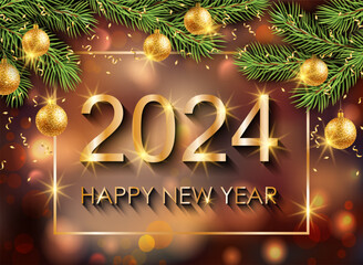 2024 Happy New Year background with Christmas tree branches. Vector illustration.