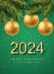 2024 Happy New Year greeting card with gold baubles and fir branches on green background.