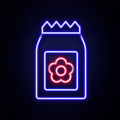 Glowing neon line Pack full of seeds of a specific plant icon isolated on brick wall background. Colorful outline concept. Vector