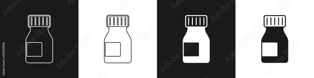 Sticker Set Vitamin complex of pill capsule icon isolated on black and white background. Healthy lifestyle. Vector