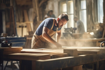 Skilled Male Woodworker Crafting in a Blurred Studio