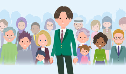 大勢の前に立つブレザー男子学生のセット