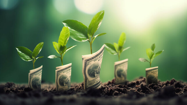Green plant growing from dollar banknotes in fertile soil with blurred background.The concept of planting trees to sell carbon credits,carbon trading.
Business green natural background concept.