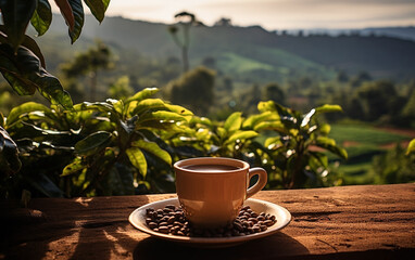 Hot coffee cup with fresh organic red coffee beans and the roasted coffee beans on the wooden table and the plantations background with copy space for your text.
