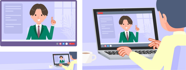 ビデオチャットをしているブレザー男子学生のセット