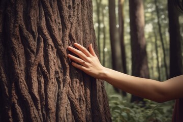 Human hand or young woman touching tree in the forest - obrazy, fototapety, plakaty