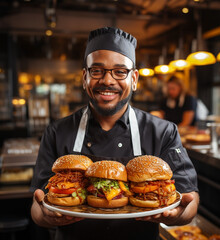 Smiling charismatic cook stands in the restaurant near a wooden table, and holds a large burger with meat and cheese on a square slate plate
