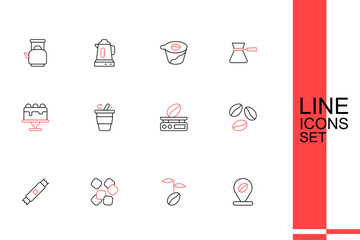 Set line Location with coffee bean, Coffee beans, Sugar cubes, stick packets, Electronic scales, cup to go and Cake icon. Vector