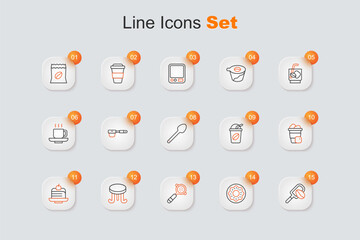 Set line Spatula with coffee grain, Donut, Coffee filter holder, table, Piece cake, Iced, and Teaspoon icon. Vector