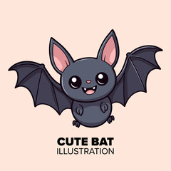 Cute funny flying bat Halloween cartoon character illustration. Hand drawn animal, flat style design, isolated vector. Kids seasonal print, autumn holiday party element, decoration