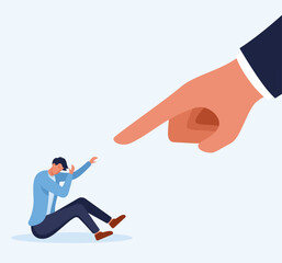 Fingers Pointed to a Young Man Vector Illustration. People placing the blame on a suspicious guy,  Guy have problems with mental health and depression. Concept of bullying, inner critic and negative 