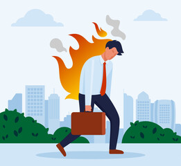Overloaded Worker Deadline Stress Concept. Burned Down Businessman in Depression, Exhausted person walking outdoors vector illustration