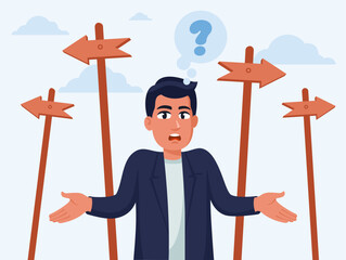 man standing in front of a roadsign with question mark in his thoughts, Man in office suit standing at road direction signs vector illustration