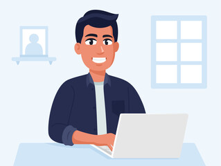 Fototapeta na wymiar Happy businessman is sitting at desktop. Work with laptop, financial analytics. Office worker or company employee, Vector illustration in cartoon style