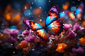A group of countless butterflies fluttered among the flowers. AI generative - obrazy, fototapety, plakaty