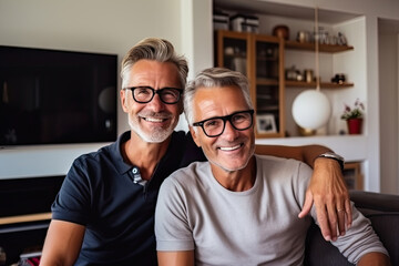 Smiling homosexual couple hugging and looking at camera in living room - Powered by Adobe
