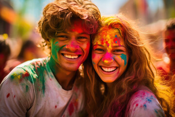 Fototapeta premium Vibrant Holi Festivities: Colorful Powder and Bokeh Bliss