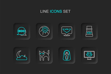 Set line Happy Halloween holiday, Funny and scary ghost mask, Black cat, Moon stars, Bottle with potion, Flying bat, Eye and Boo speech bubble icon. Vector