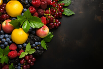 Naklejka na ściany i meble Background surrounded by fruits, Free space for your text. AI generative