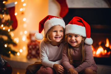 Fototapeta na wymiar Festive Sibling Bonding: Santa Hats and Fireplace Magic