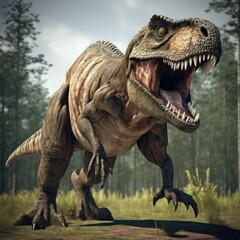Tyrannosaurus Rex running towards prey and roaring, T-rex Jurassic prehistoric animal