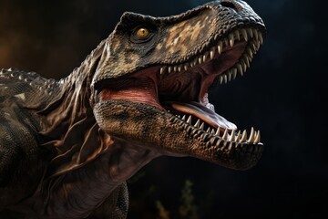 Closeup of roaring Tyrannosaurus Rex head, T-rex Jurassic prehistoric animal