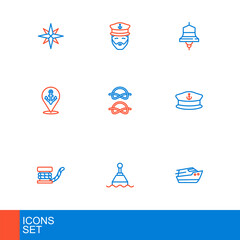 Set line Speedboat, Floating buoy, Marine bollard with rope, Captain hat, Location anchor, Nautical knots, Ship bell and of ship icon. Vector