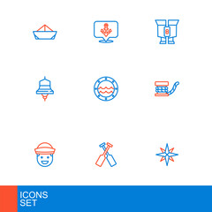 Set line Wind rose, Crossed oars or paddles boat, Sailor, Marine bollard with rope, Ship bell, porthole, Binoculars and Anchor icon. Vector