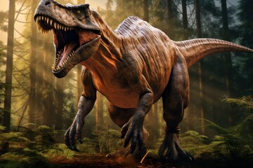 Fototapeta premium Tyrannosaurus Rex running towards prey and roaring, T-rex Jurassic prehistoric animal