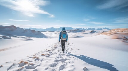 Male hiker, full body, view from behind, walking through a snow desert
