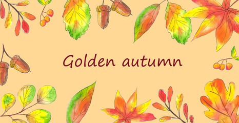 golden autumn. watercolor background. watercolor leaves banner. red leaves. end of summer. invitation.  