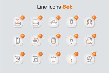 Set line Cafe and restaurant location, Knife, Paper glass with water, Food ordering, Coffee cup to go, Online food, Ice cream waffle and Soda can icon. Vector