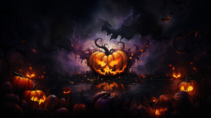 Scary Halloween Atmosphere: Purple Pumpkin in Angry and Mysterious Background. generative AI,