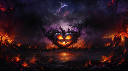 Scary Halloween Atmosphere: Purple Pumpkin in Angry and Mysterious Background. generative AI,