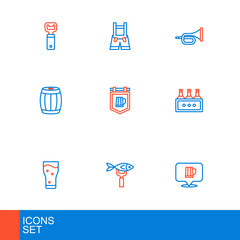 Set line Wooden beer mug, Dried fish, Glass of, Pack bottles, barrel, Street signboard with, Trumpet and Lederhosen icon. Vector