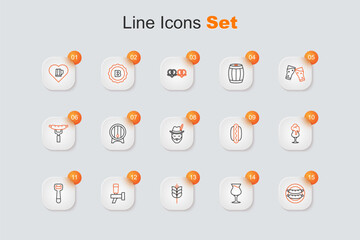 Set line Sausage, Glass of beer, Wheat, Beer tap, Bottle opener, Hotdog sandwich and Oktoberfest man icon. Vector