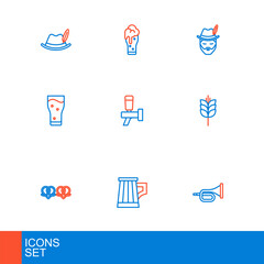 Set line Trumpet, Wooden beer mug, Pretzel, Wheat, Glass of, Beer tap, Oktoberfest man and icon. Vector