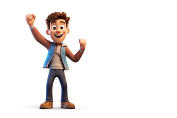 Happy man male person successful fists hands up 3d style cartoon character. Winner young adult victory celebration