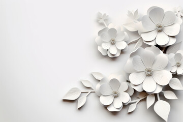Paper cut origami of white flowers with empty copy space wedding background. Abstract 3d art craft decoration