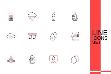 Set line Water drop, with location, Fire hydrant, Well, filter cartridge and Cloud rain icon. Vector
