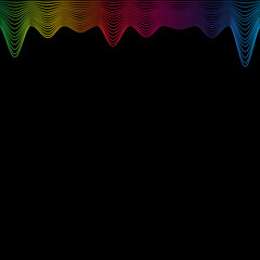 Rainbow waves line border, template banner latest technology sound vibrations on black. Vector illustration.