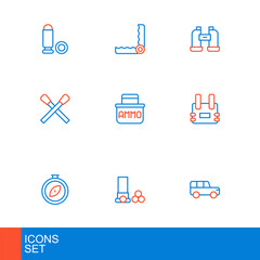 Set line Safari car, Cartridges, Compass, Bulletproof vest, Burning match with fire, Ammunition box, Binoculars and Trap hunting icon. Vector