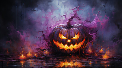 Fototapeta premium Scary Halloween Atmosphere: Purple Pumpkin in Angry and Mysterious Background. generative AI,