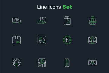 Set line Stacks paper money cash, Financial check, Market store, Worldwide shipping, Cryptocurrency coin Bitcoin, Pie chart infographic and Carton cardboard box icon. Vector
