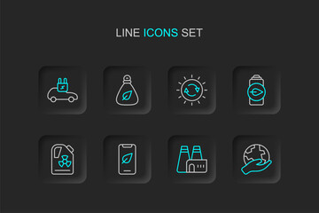 Set line Hand holding Earth globe, Factory production, Mobile phone with leaf, Radioactive waste barrel, Eco nature battery, Solar energy panel, Garbage bag and Electric car icon. Vector