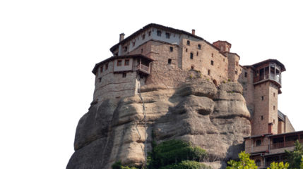 Meteora Greece Monastery building on top of rock isolated on white transparent background, PNG